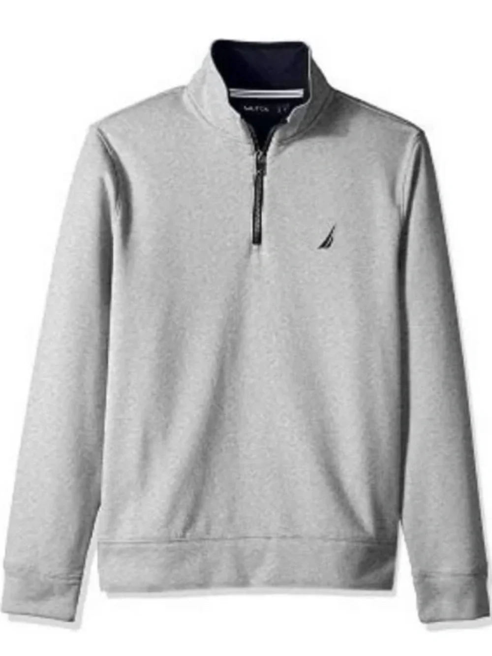 Nautica Fleece Heather Grey Marled Pullover 1/4 Zip Navy Mock neck Collar EUC S